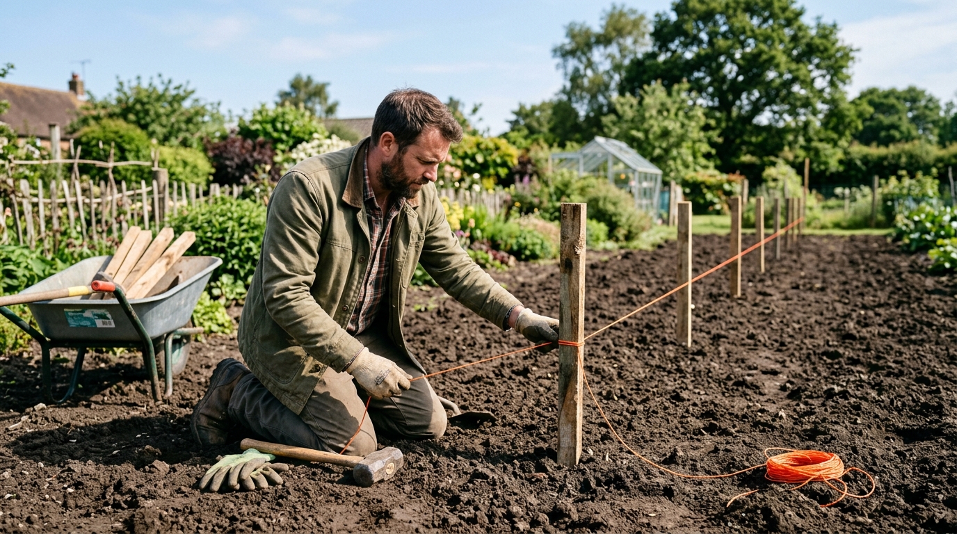 Jardinier tendant un cordeau orange entre deux piquets en bois pour aligner une clôture pas cher à faire soi-même dans un potager