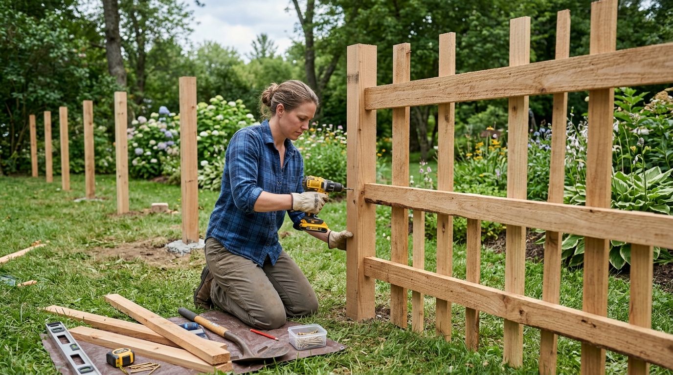 Bricoleuse vissant une lisse horizontale sur des poteaux pour construire une clôture en bois à faire soi-même